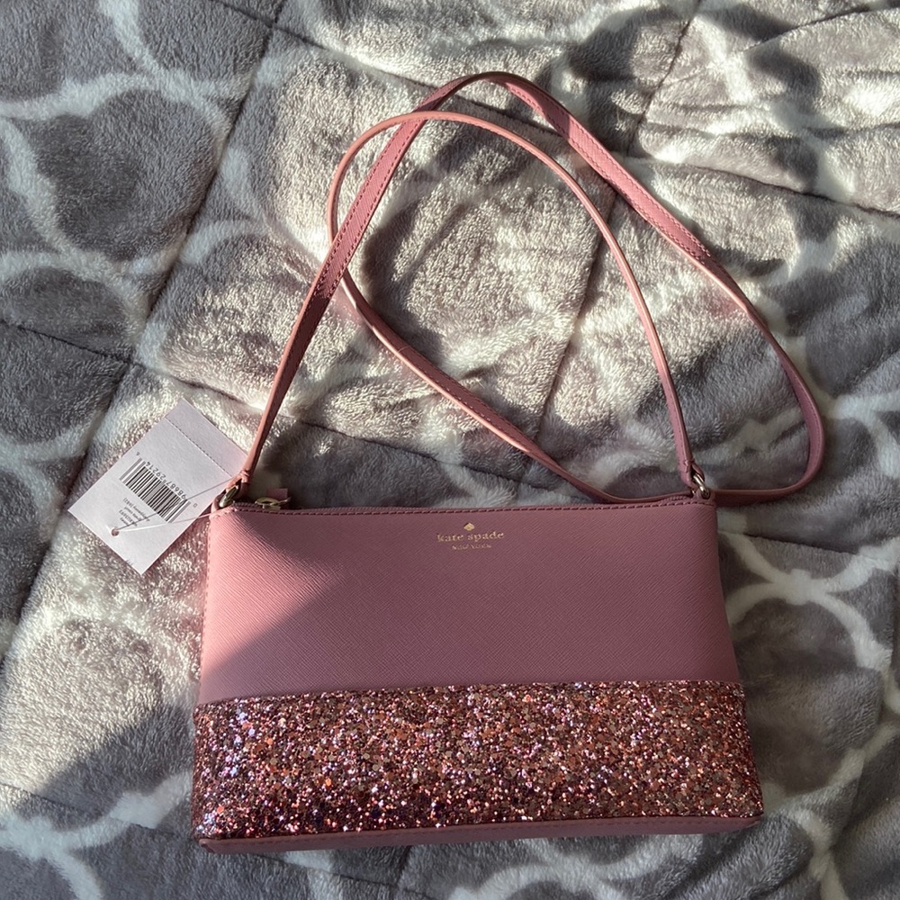 Kate Spade Ramey Greta Court Glitter Saffiano Leather Crossbody Bag Dusty Peony